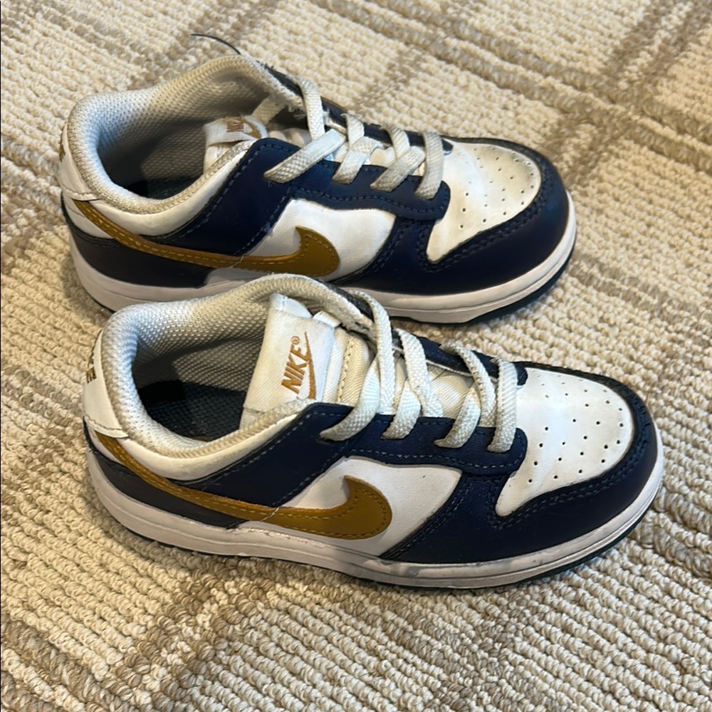 Nike Dunks Low Kids' White, Navy, and Gold Sneakers
